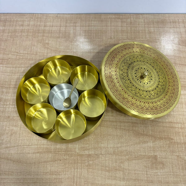 A07727 Brass Masala Dabba Brass Spice Box with Hand-Painted Lid and Containers
