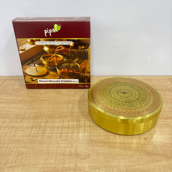 A07727 Brass Masala Dabba Brass Spice Box with Hand-Painted Lid and Containers