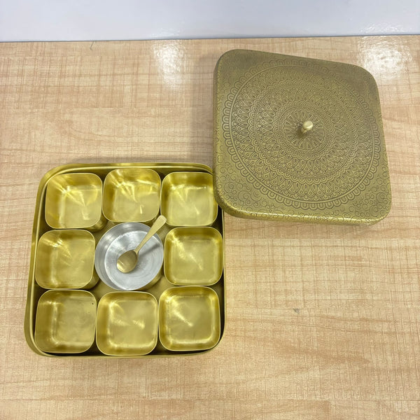 A07731 Embossed Brass Square Spice Box / Masala Dabba with Small Inner Containers & Spoon