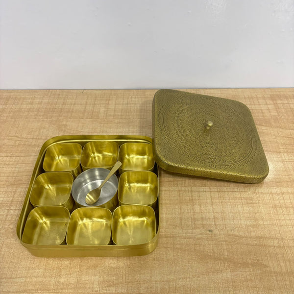 A07731 Embossed Brass Square Spice Box / Masala Dabba with Small Inner Containers & Spoon