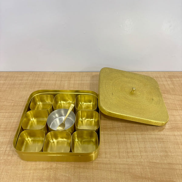A07732 Traditional Square Brass Masala Box Container Set with Carved Pattern Lid, Small Bowls, Inner Dish, and Spoon