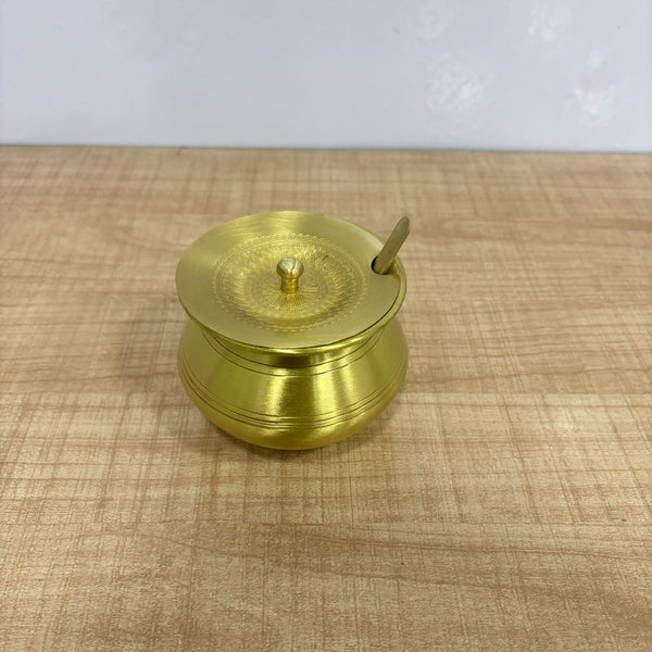 A07734 Pure Brass Ghee & Oil Pot with Carved Lid and Spoon - Matt Carving No.2