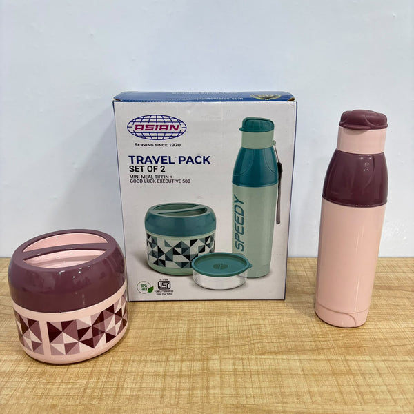A07736 Asian Travel Pack - Insulated Meal Tiffin Box and Water Bottle Combo Set (Set of 2)