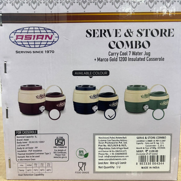 A07738 Asian Serve & Store Combo - Insulated Water Jug and Stainless Steel Inner Hot Pot Casserole Combo