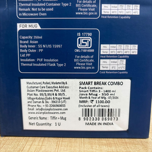 A07742 Asian Smart Break Combo - Stainless Steel Thermal Insulated Lunch Box Tiffin Set with Travel Mug Combo