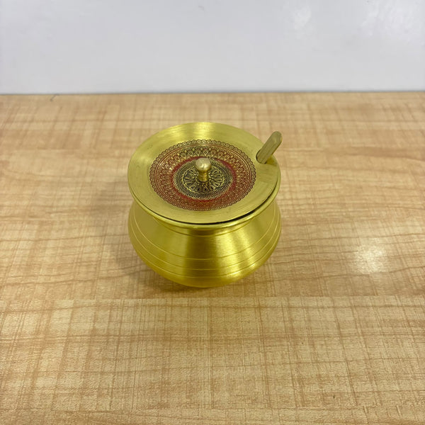 A07735 Brass Ghee Pot Container with Lid and Spoon Set (Hand-Painted Lid Design, 400 ml Capacity)
