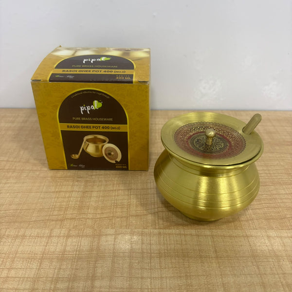 A07735 Brass Ghee Pot Container with Lid and Spoon Set (Hand-Painted Lid Design, 400 ml Capacity)