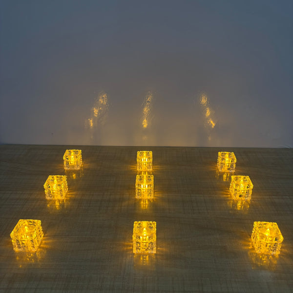 A07751 Crystal Glass Cube LED Tealight Candles for Home Decor & Festivals