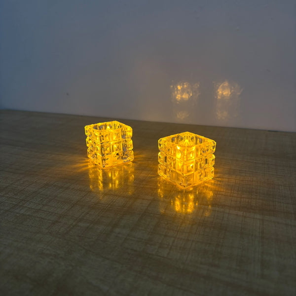 A07751 Crystal Glass Cube LED Tealight Candles for Home Decor & Festivals