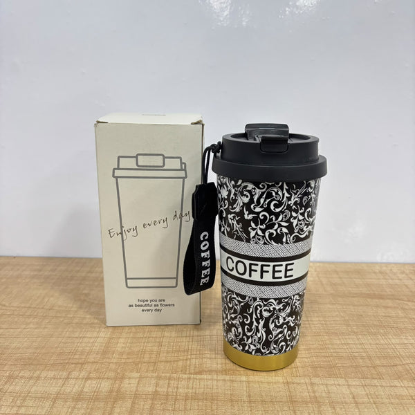 A07761 Designer Stainless Steel Coffee Travel Mug with Flip Lid & Carrying Strap