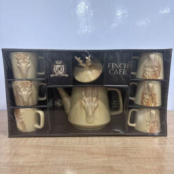 A07763 Richie Rich Finch Cafe 8-Piece Ceramic Tea Set (6 Cups, 1 Kettle with Lid)