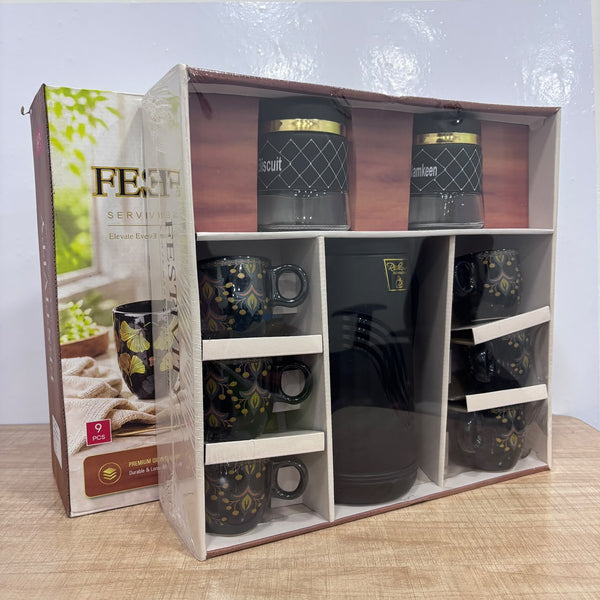 A07779 Festivity 9-Piece Serveware Set (Insulated Flask Jug, 6 Tea Cups & 2 Storage Jars)
