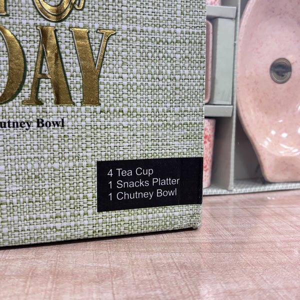 A07780 Sunday Funday 6-Piece Snack & Tea Set (4 Tea Cups, 1 Snacks Platter, 1 Chutney Bowl)
