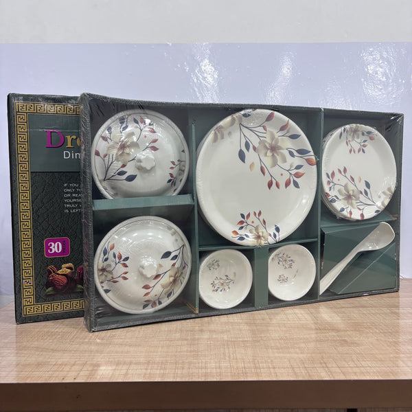 A07778 Dreams Melamine 30-Piece Floral Dinnerware Set with Casseroles & Serving Spoons