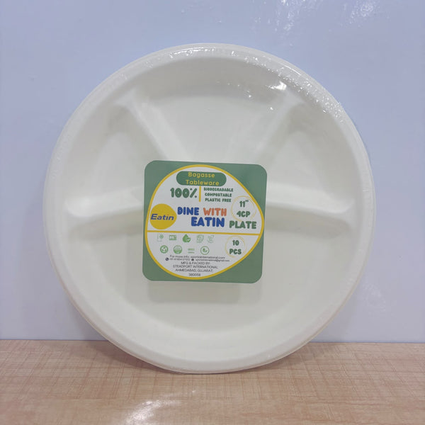 A07799 11 Inch 4-Compartment Bagasse Eco-Friendly Disposable Plates (Pack of 10)