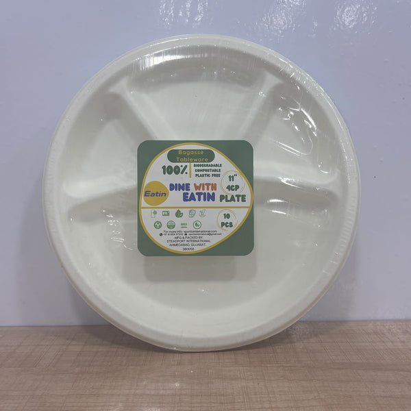 A07799 11 Inch 4-Compartment Bagasse Eco-Friendly Disposable Plates (Pack of 10)