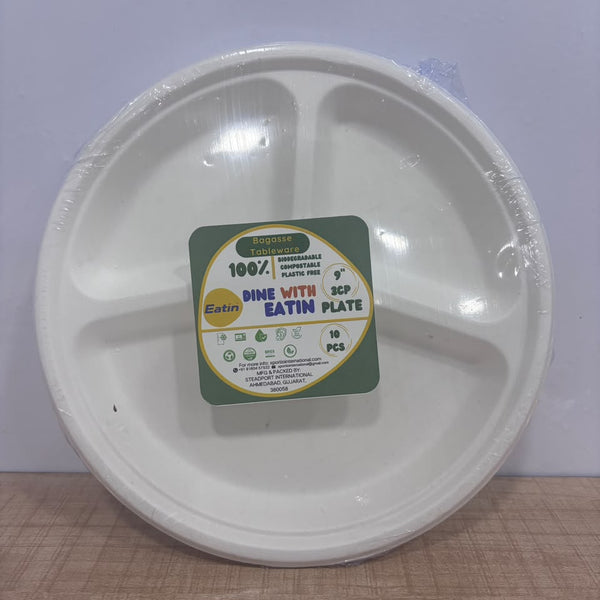 A07802 9-Inch 3-Compartment Biodegradable Bagasse Plates (Pack of 10)