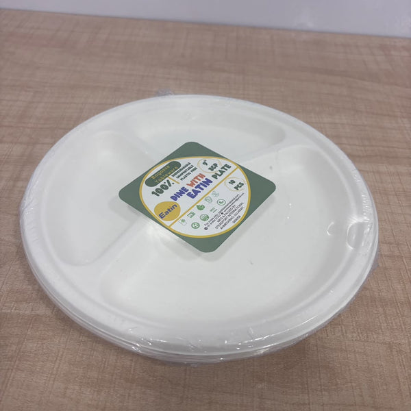 A07802 9-Inch 3-Compartment Biodegradable Bagasse Plates (Pack of 10)