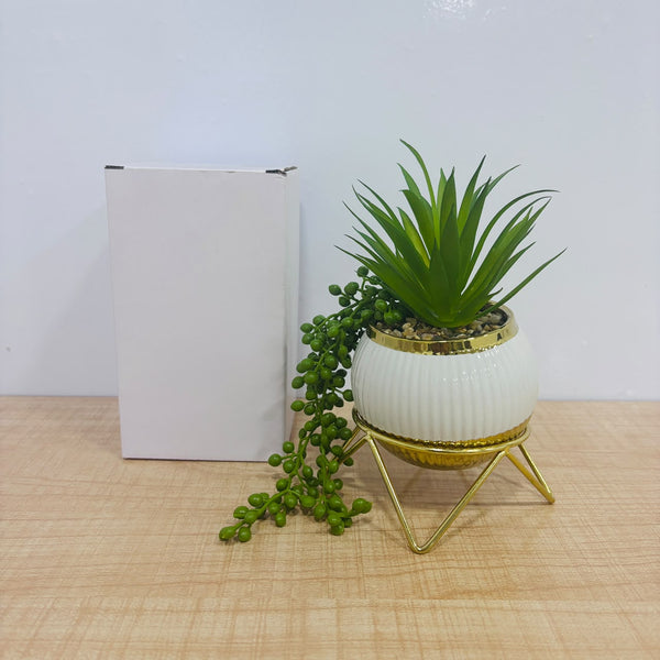 A07783 Artificial Succulent & Trailing Plant with White Ceramic Pot and Gold Metal Stand