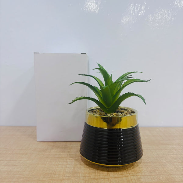A07785 Mini Artificial Succulent Plant in Black & Gold Ceramic Pot