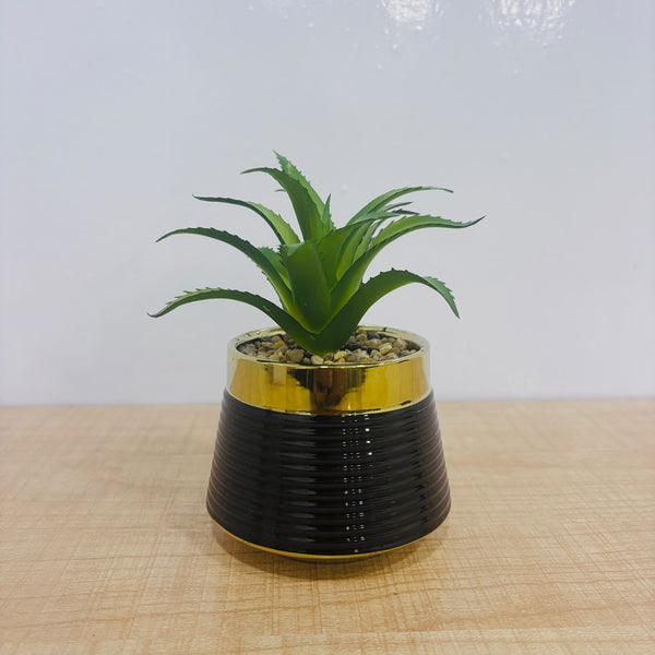 A07785 Mini Artificial Succulent Plant in Black & Gold Ceramic Pot