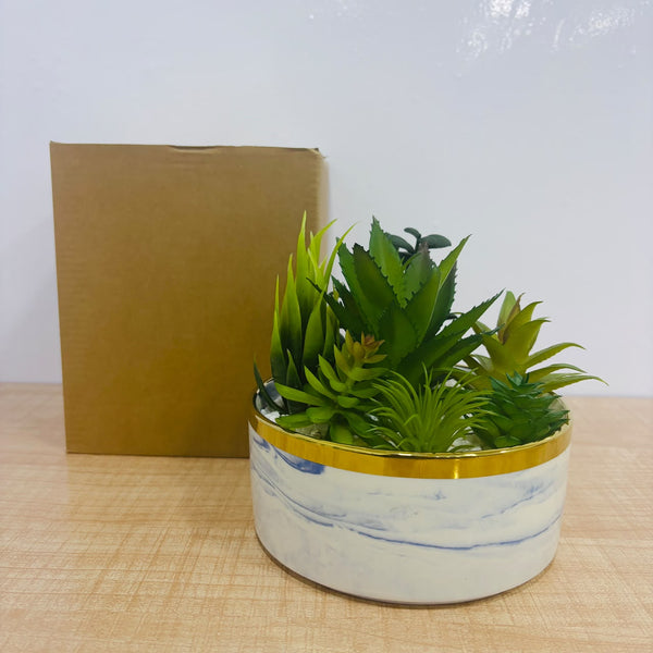 A07786 Artificial Succulent Plants in Ceramic Marble Pattern Pot with Gold Rim