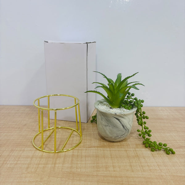 A07788 Artificial Succulent Plant in Ceramic Marble Pot with Gold Metal Stand