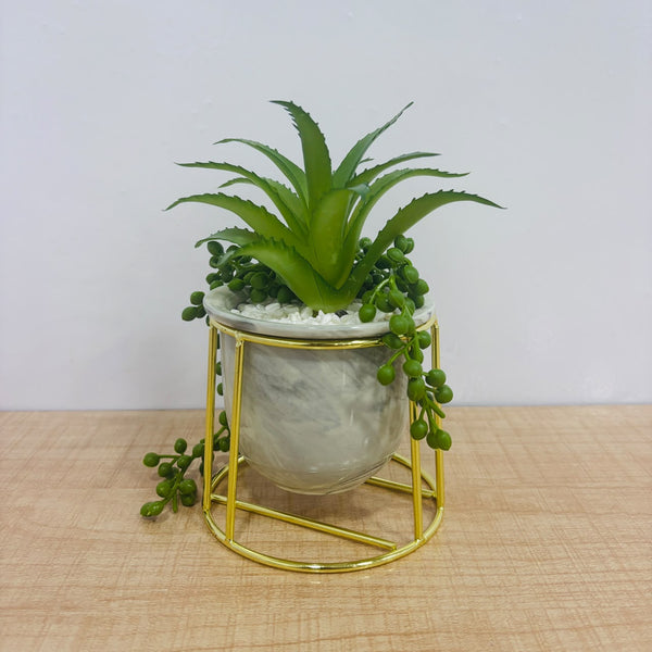 A07788 Artificial Succulent Plant in Ceramic Marble Pot with Gold Metal Stand