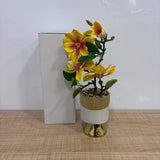 A07789 Artificial Yellow & Pink Flower Plant with Decorative Gold Ceramic Pot