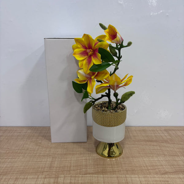 A07789 Artificial Yellow & Pink Flower Plant with Decorative Gold Ceramic Pot