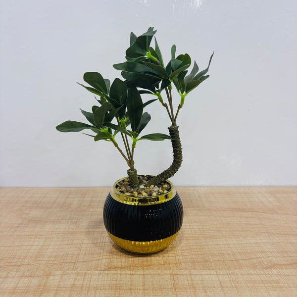 A07791 Artificial Bonsai Plant in Black & Gold Ceramic Pot for Home & Office Decor