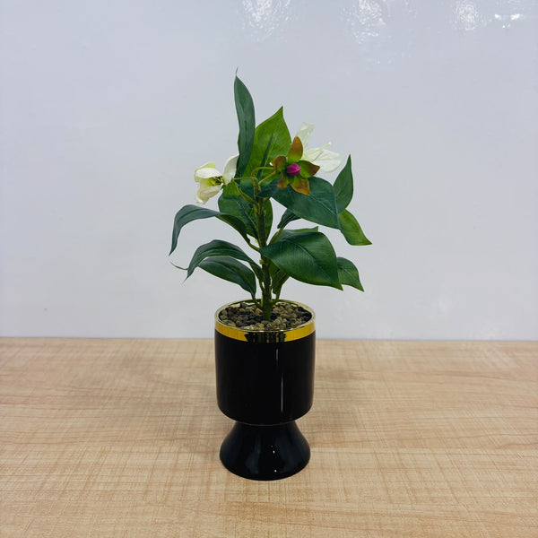A07792 Artificial Flowering Plant in Glossy Black & Gold Ceramic Pot