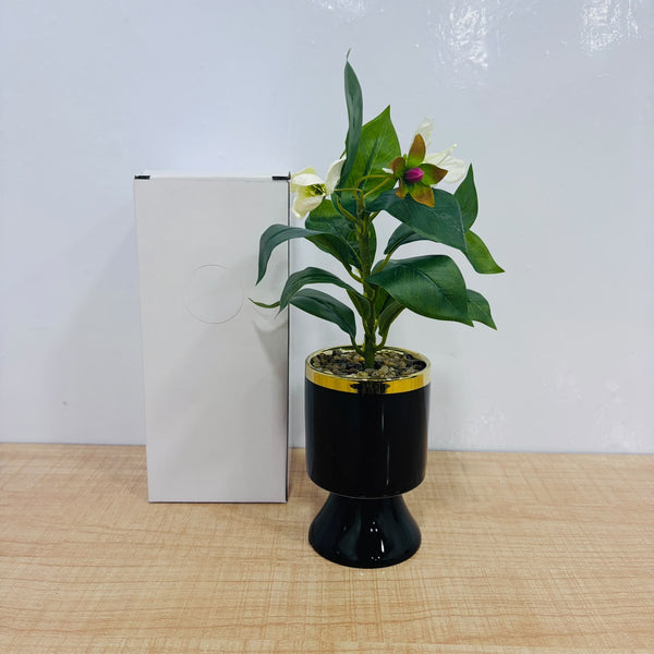 A07792 Artificial Flowering Plant in Glossy Black & Gold Ceramic Pot