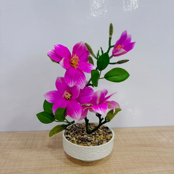 A07793 Artificial Magenta Flower Bonsai Plant with White Ceramic Pot for Home & Desk Decor