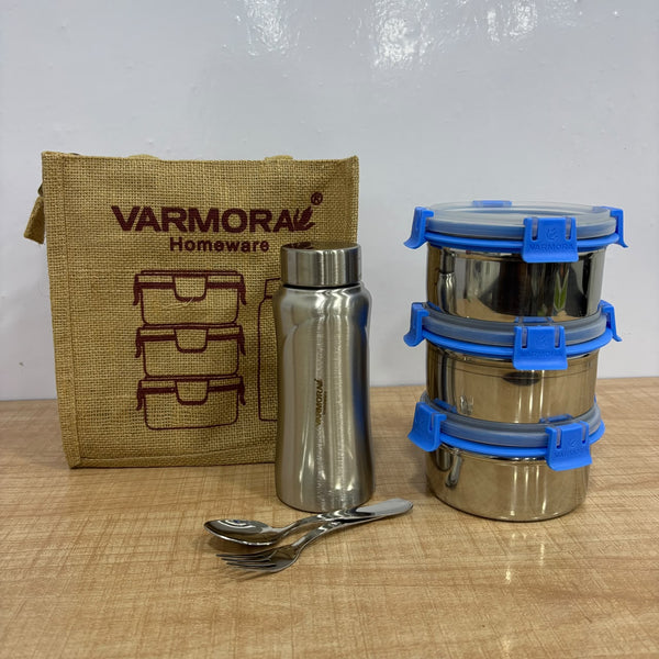A07797 Varmora SS Cromo Stainless Steel Leak-Proof Lunch Box Set with Insulated Bag