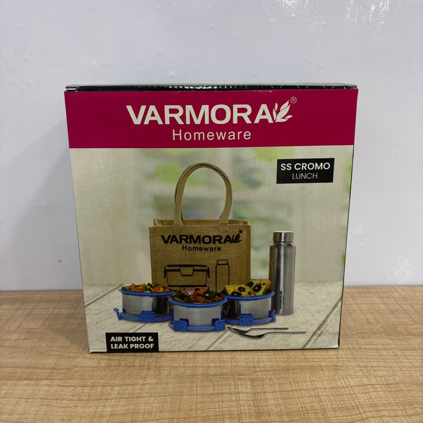 A07797 Varmora SS Cromo Stainless Steel Leak-Proof Lunch Box Set with Insulated Bag