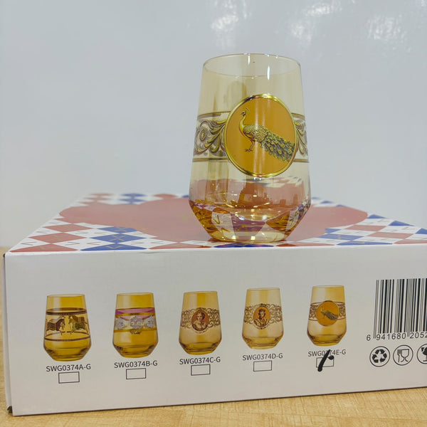 A07817 Shinemax Premium Designer Peacock Print Golden Glass Tumbler Set - Pack of 6