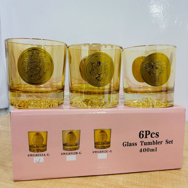A07820 SHINEMAX 6 Pcs Premium Amber Glass Tumbler Set with 3D Animal Emblem Design (400ml)