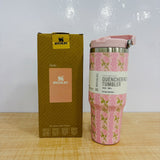 A07825 900 ml Floral Printed Stainless Steel Tumbler with Upper Handle & Straw Lid