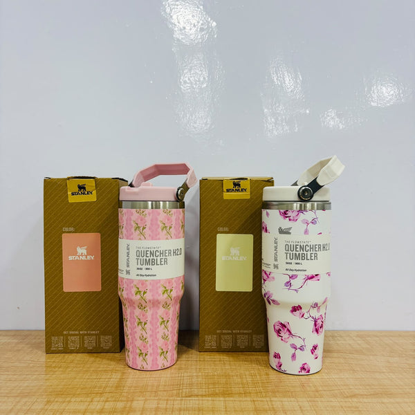 A07825 900 ml Floral Printed Stainless Steel Tumbler with Upper Handle & Straw Lid