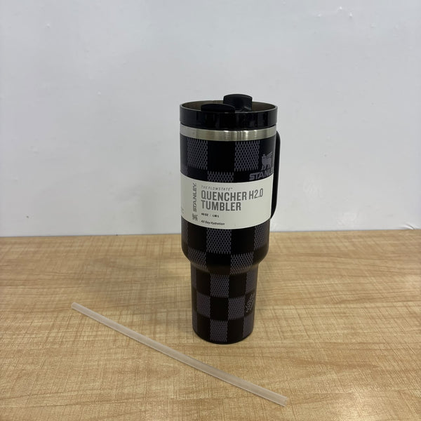 A07827 40oz Checked Print Insulated Steel Quencher Tumbler with Handle, Straw & Lid (1200 ml)