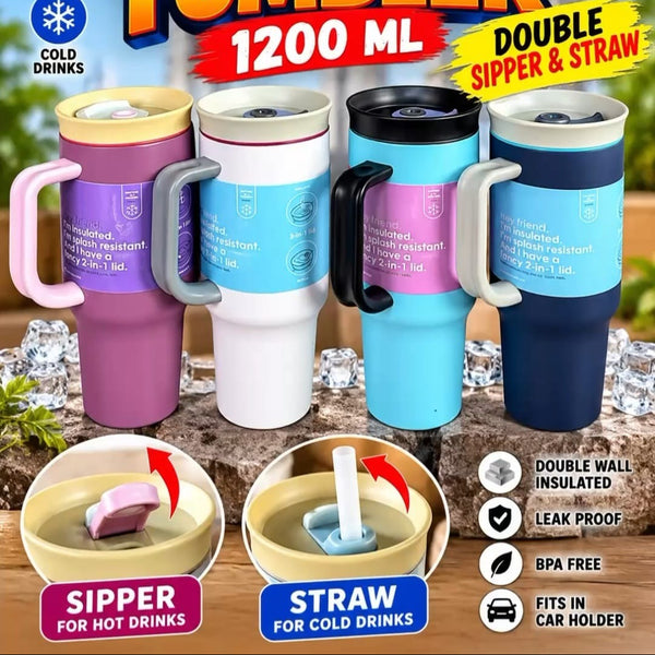A07829 40 oz. Insulated Steel Double Sipper Tumbler Mug with Handle & 2-in-1 Lid (1185 mL)
