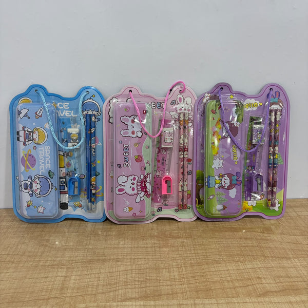A07864 Kids Cartoon Pencil Box Stationery Set [8818] with Metal Pencil Case, Pencils, Eraser, Ruler & Sharpener