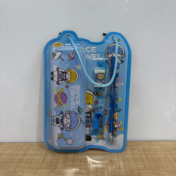 A07864 Kids Cartoon Pencil Box Stationery Set [8818] with Metal Pencil Case, Pencils, Eraser, Ruler & Sharpener