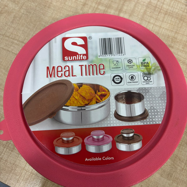 A07893 Sunlife Meal Time Steel Airtight & Leak-Proof Lunch Box Set with Small Container, Spoon & Fork [800+110]