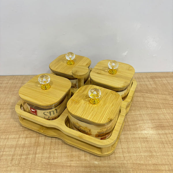 A07899 Shinemax 4 Pcs Glass Candy Jar Set with Wooden Lids and Wooden Tray (Model: SMBJ-602)