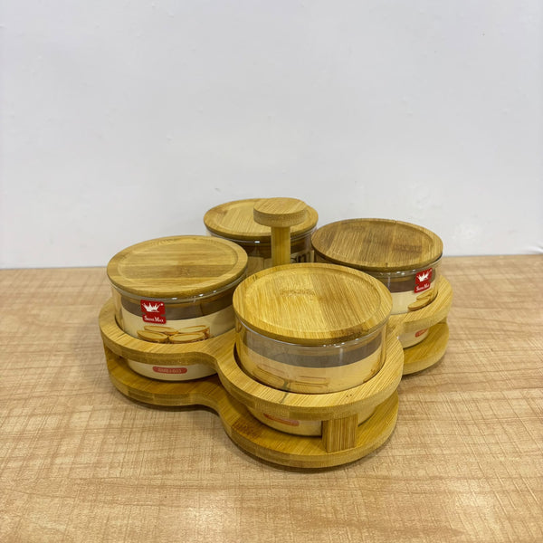 A07900 SHINEMAX 4 Pcs Glass Candy Jar Set with Wooden Tray & Lids for Dry Fruits, Snacks & mouth [SMBJ-603]