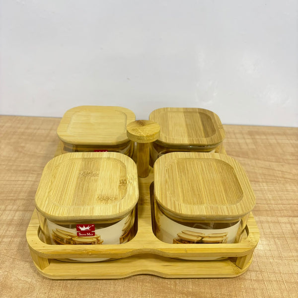 A07901 Shinemax 4-Piece Glass Candy & Dry Fruit Container Set with Wooden Tray and Lids (Model: SMBJ-604)