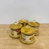 A07902 SHINEMAX 4 Pcs Glass Candy Jar Set with Wooden Lids & Serving Tray Handle Stand (Model: SMBJ-605)