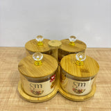 A07902 SHINEMAX 4 Pcs Glass Candy Jar Set with Wooden Lids & Serving Tray Handle Stand (Model: SMBJ-605)
